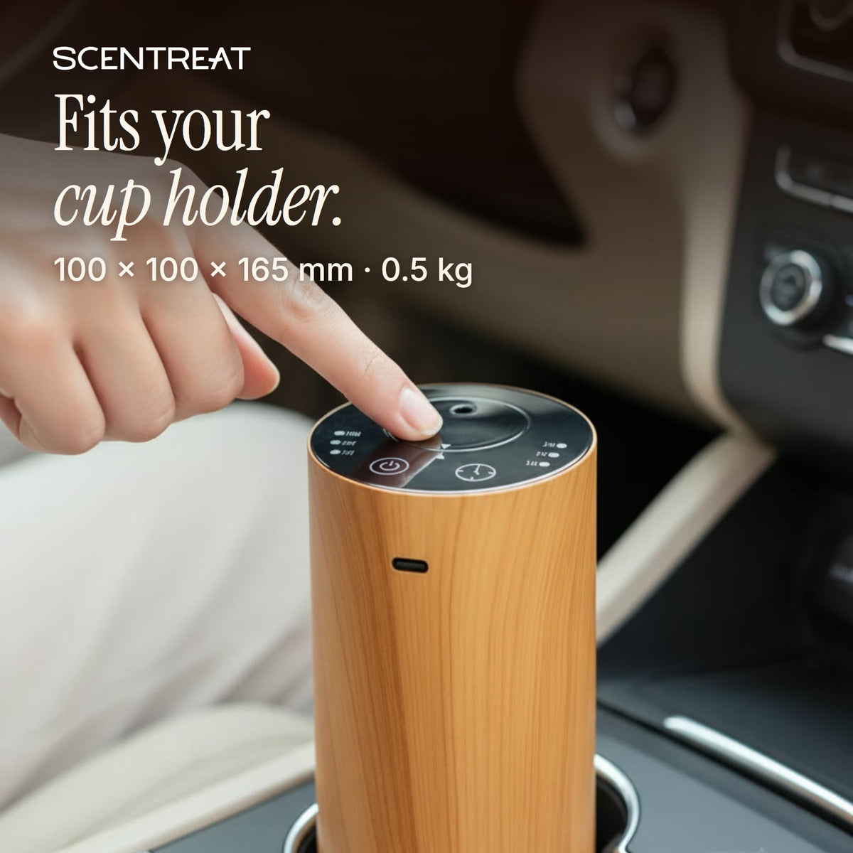 Car essential oil diffuser that fits a cup holder, 165 mm tall