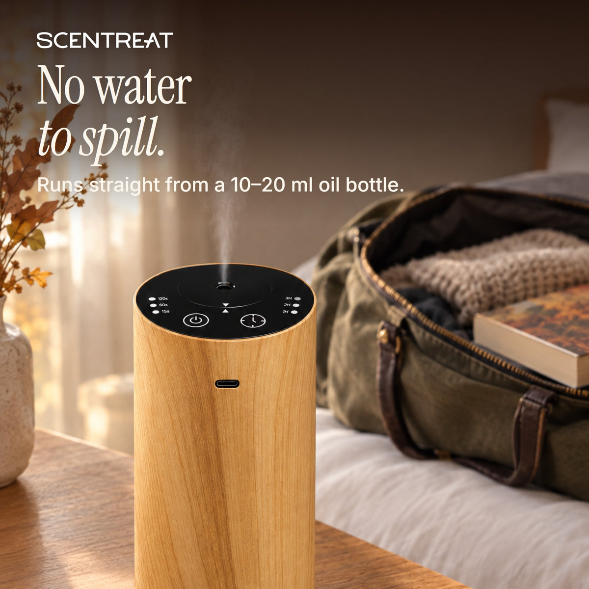 Waterless car diffuser runs from a 10 to 20 ml essential oil bottle
