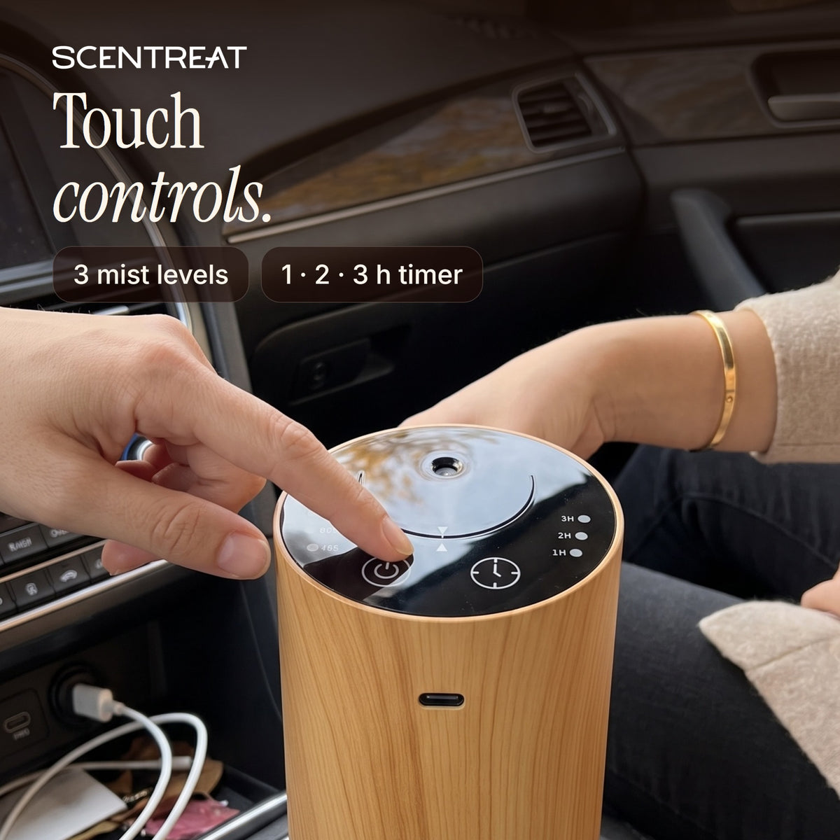 Car diffuser touch controls with 3 mist levels and 1, 2, 3 hour timer