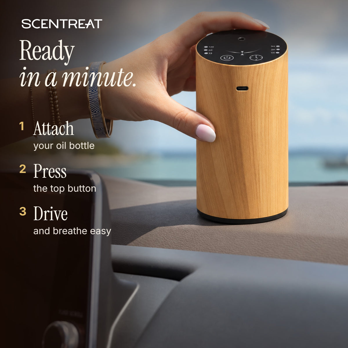 How to use the CalmRide car diffuser: attach oil, press, drive