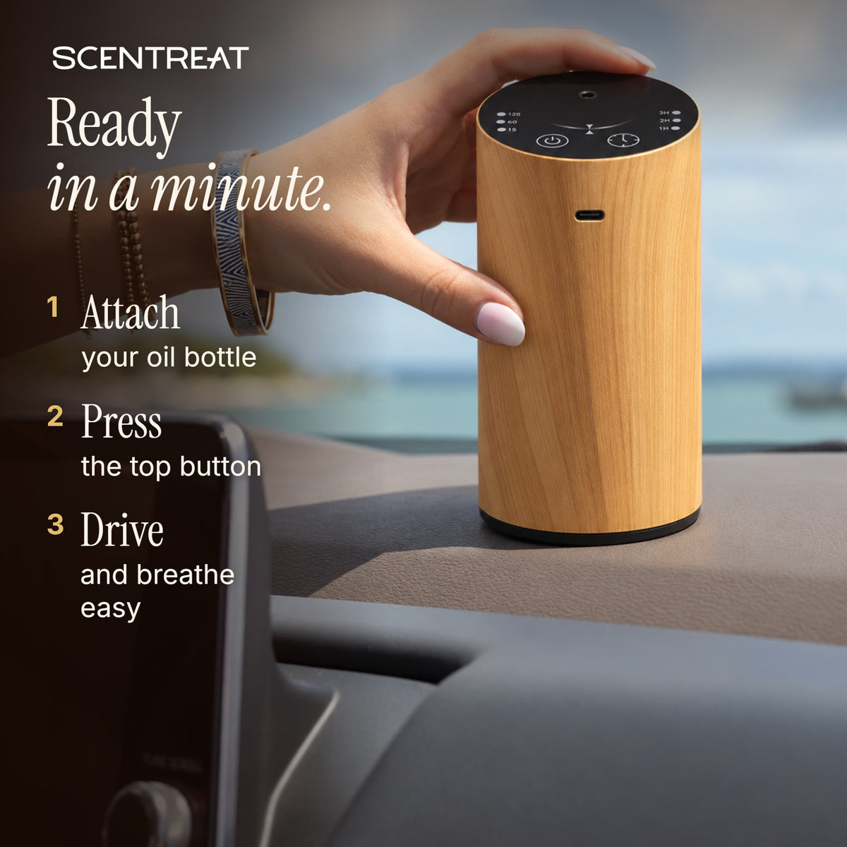 How to use the CalmRide car diffuser: attach oil, press, drive