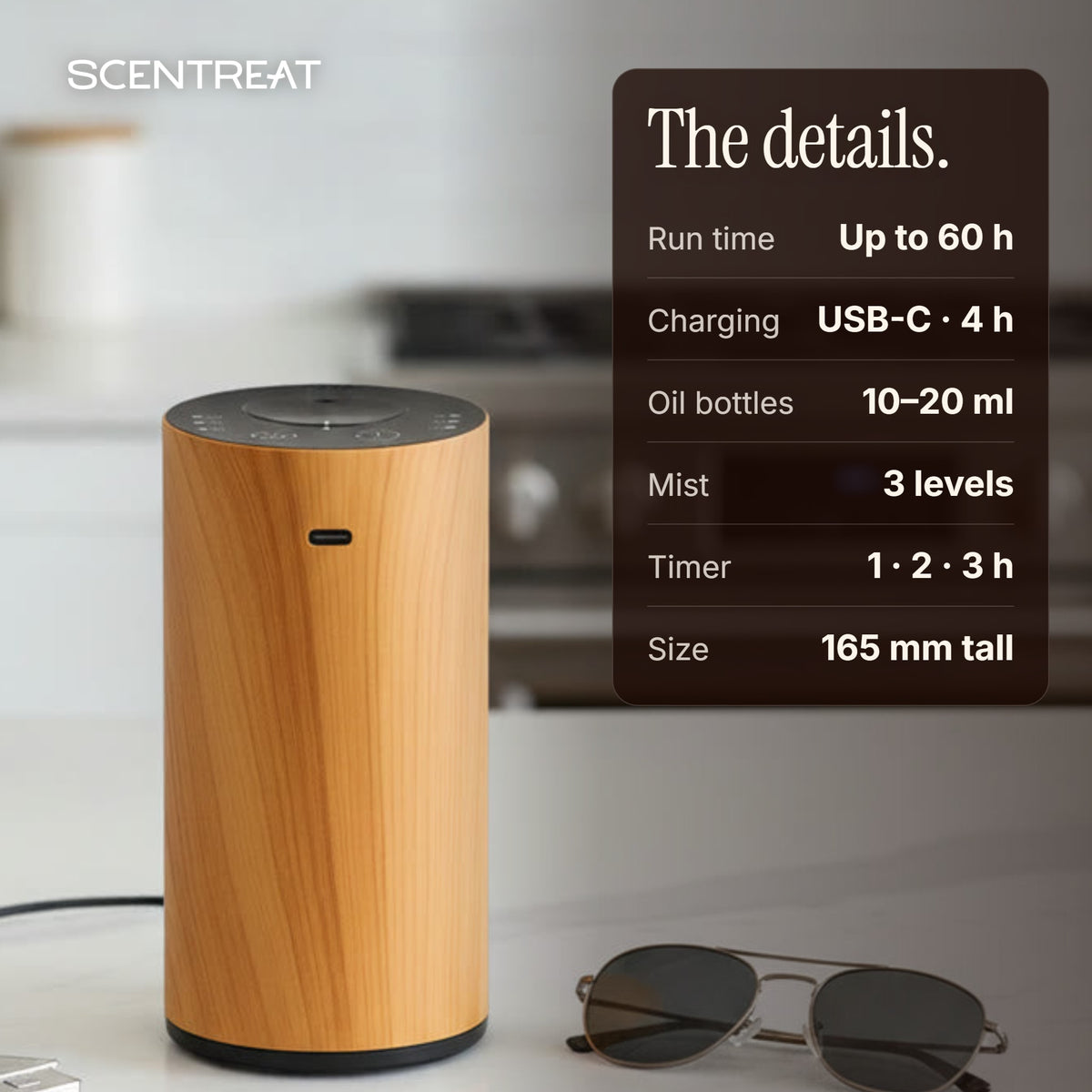 CalmRide car diffuser specifications: up to 60 hours, USB-C, 3 mist levels