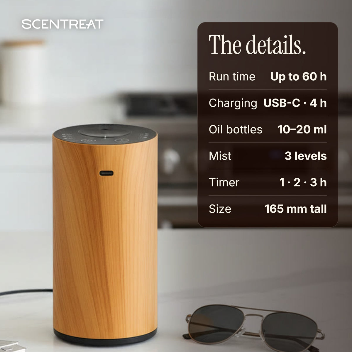 CalmRide car diffuser specifications: up to 60 hours, USB-C, 3 mist levels