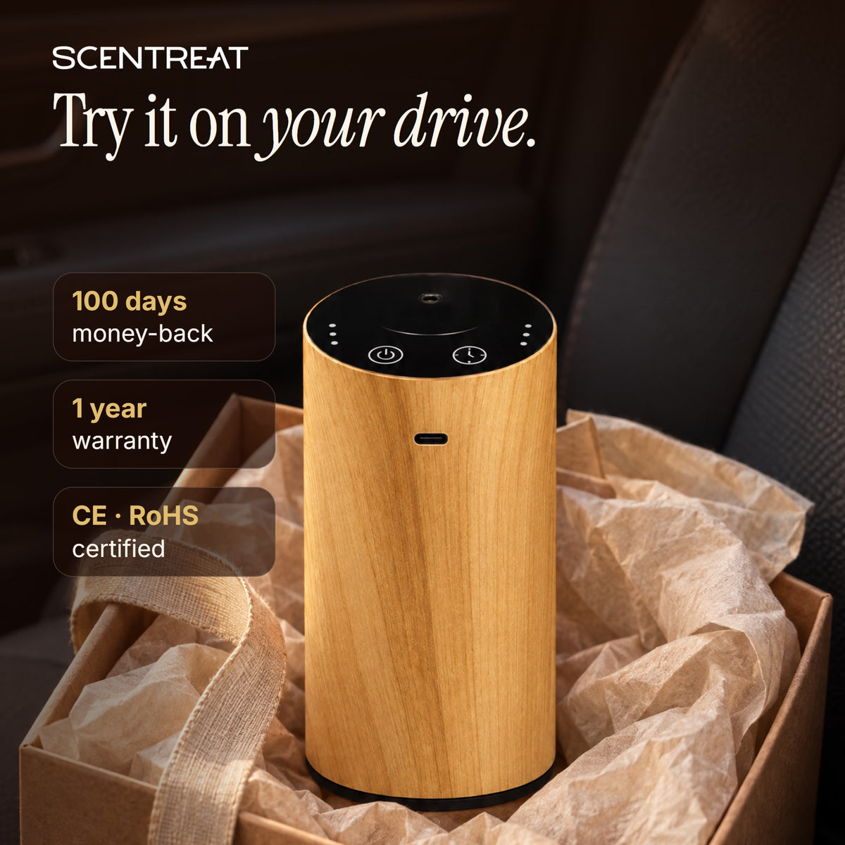 CalmRide car diffuser 100-day money-back guarantee and 1-year warranty