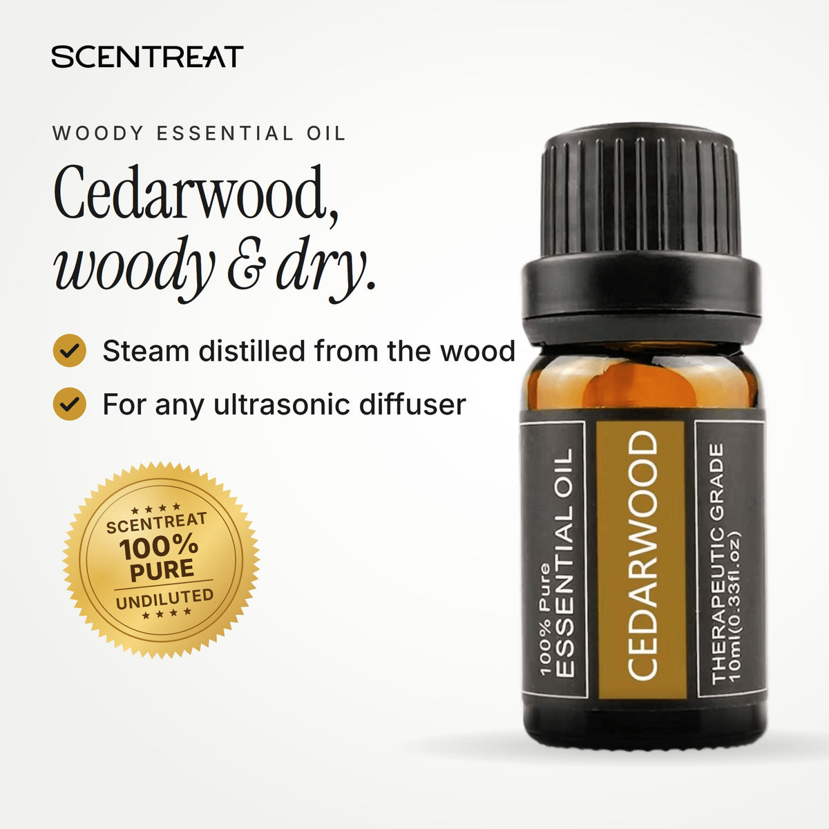 100% pure cedarwood essential oil, woody, dry, balsamic, and slightly smoky