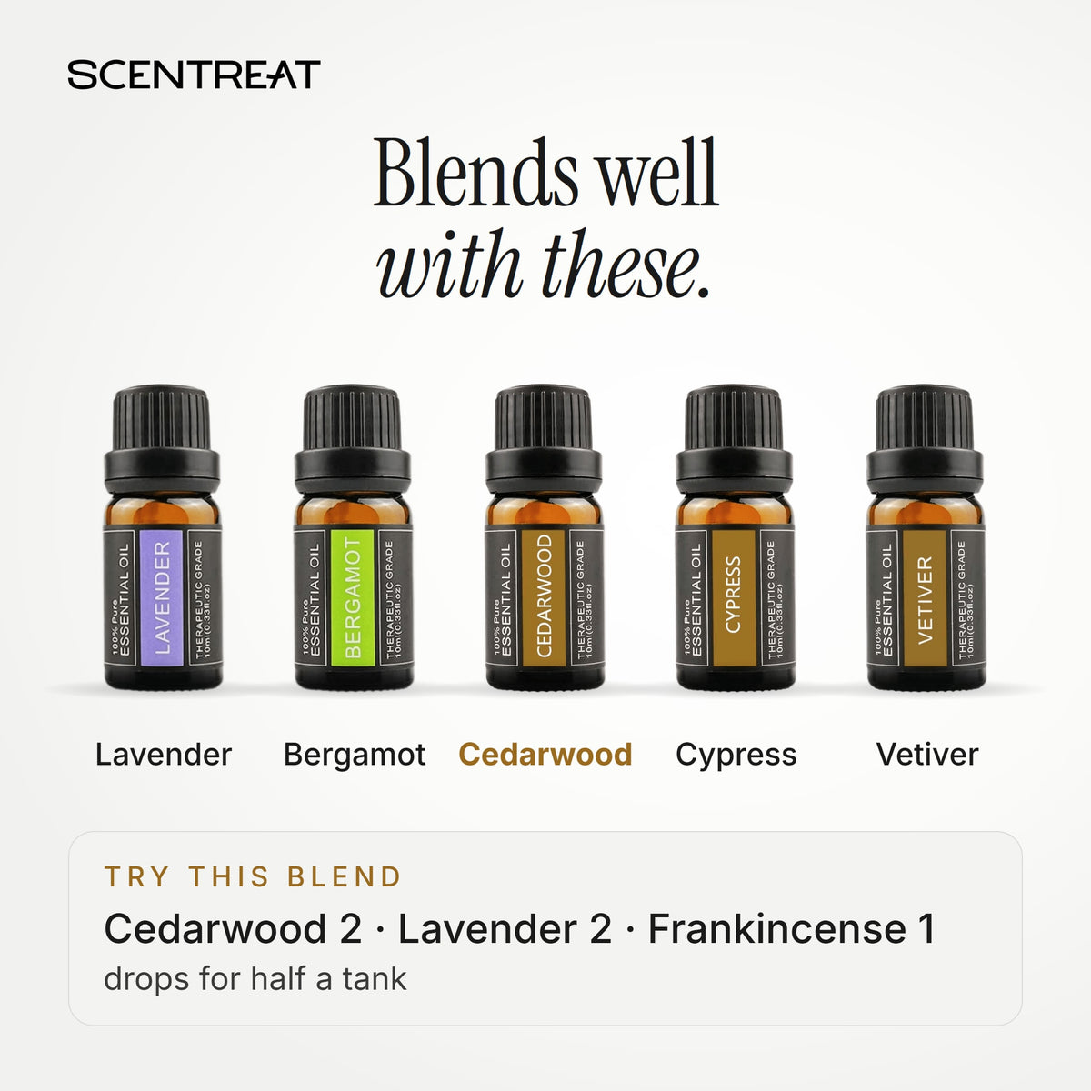 Cedarwood essential oil blends well with Lavender, Bergamot, Cypress