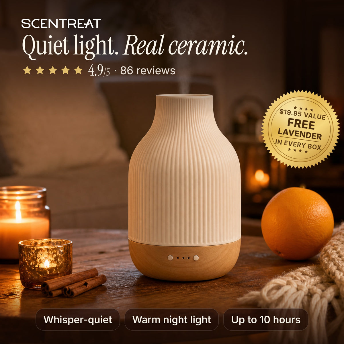 Ceramic essential oil diffuser glowing on a cozy living room table