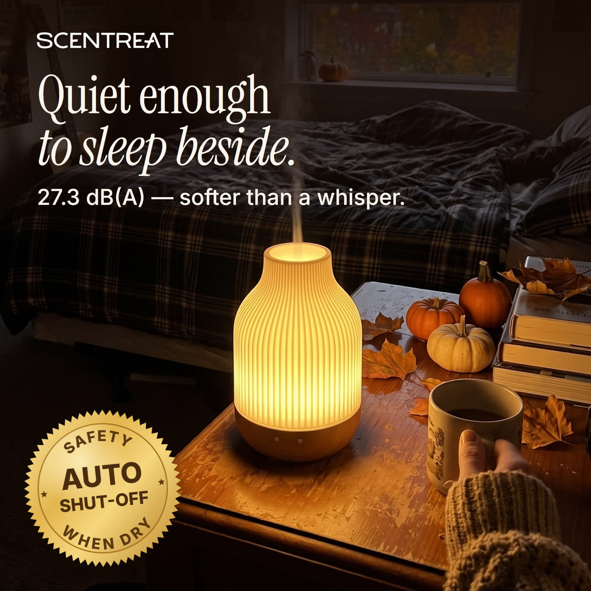 Quiet ceramic diffuser for the bedroom, 27.3 dB(A), with auto shut-off
