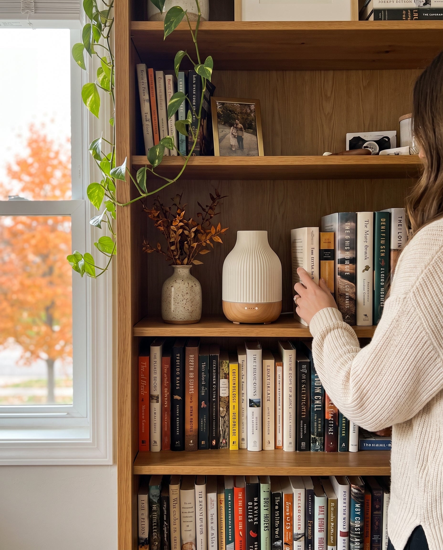 SCENTREAT ceramic essential oil diffuser on a bookshelf