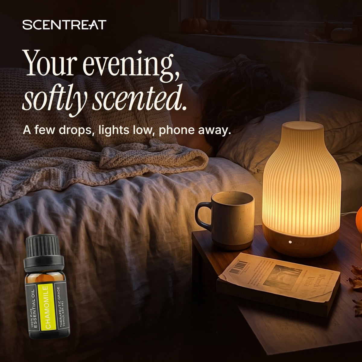 Chamomile essential oil in a diffuser in a cozy room