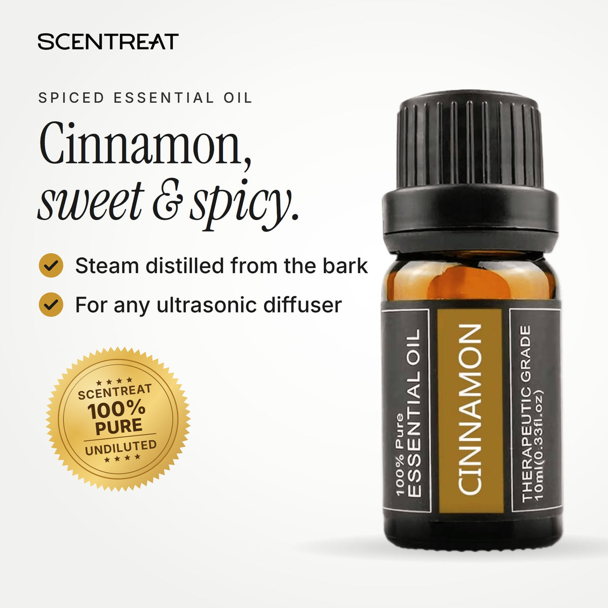 100% pure cinnamon essential oil, sweet, spicy, woody