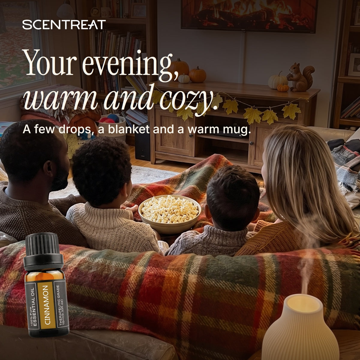 Cinnamon essential oil in a diffuser in a cozy room