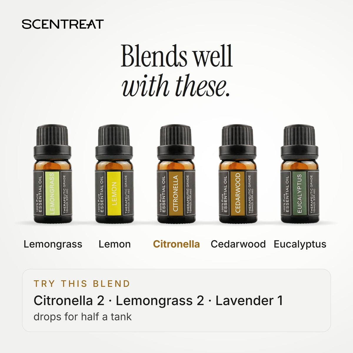 Citronella essential oil blends well with Lemongrass, Lemon, Cedarwood