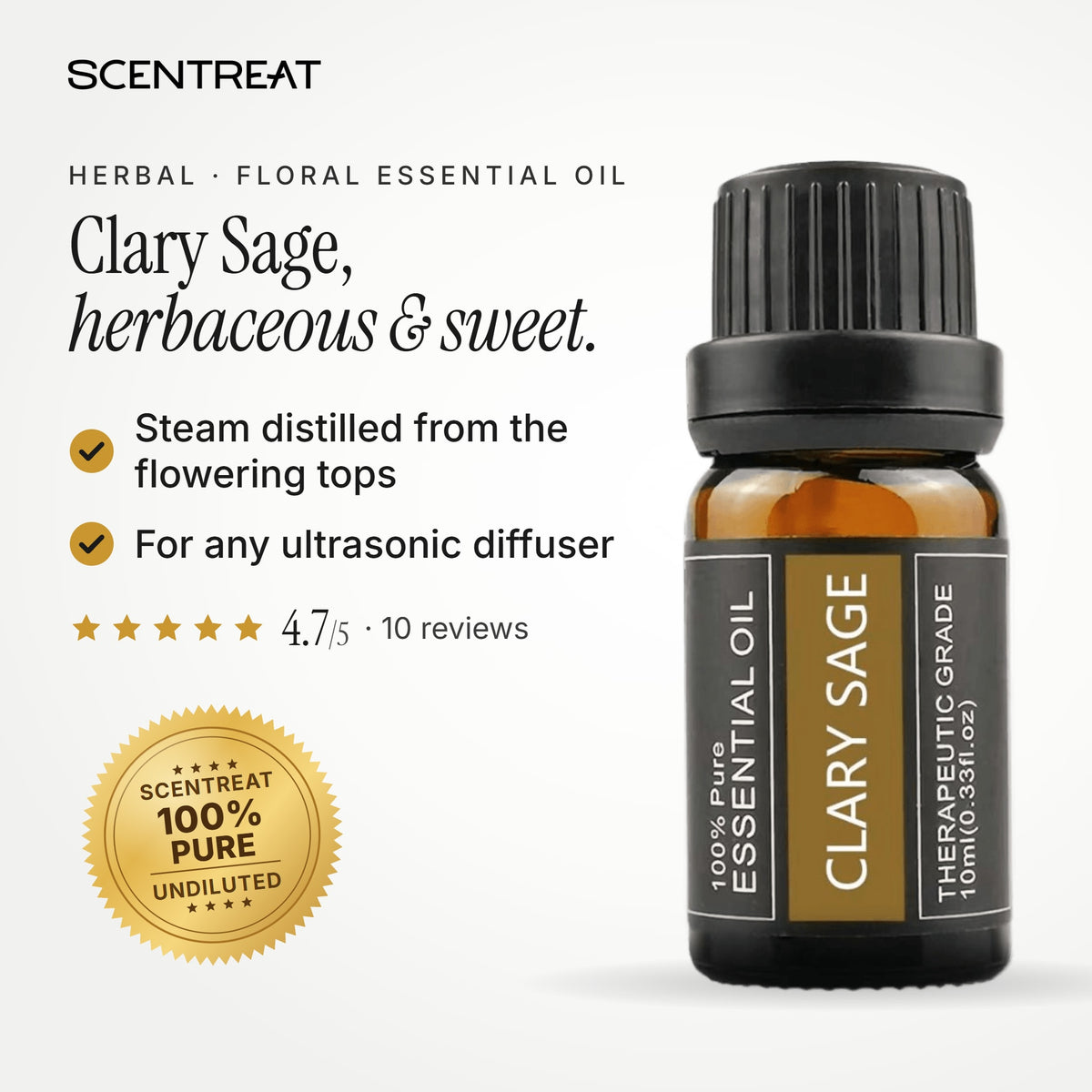 100% pure clary sage essential oil, herbaceous, sweet, slightly floral