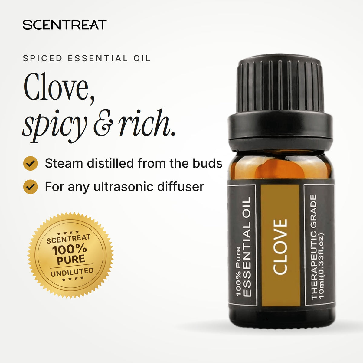 100% pure clove essential oil, spicy, rich, warm, slightly woody