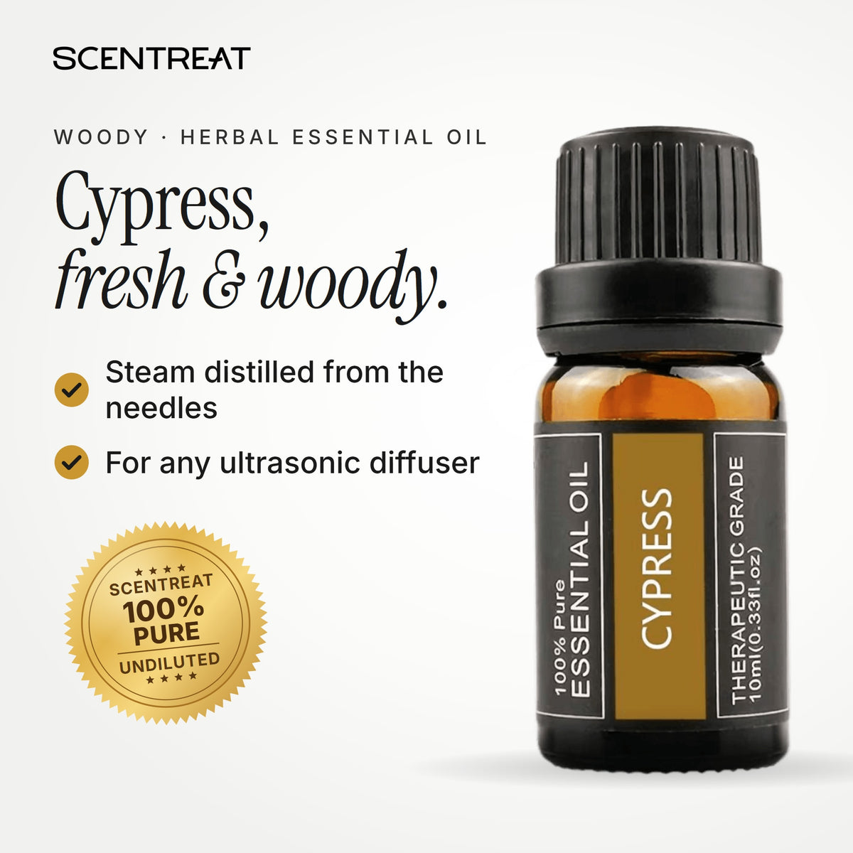 100% pure cypress essential oil, fresh, woody, balsamic, slightly smoky