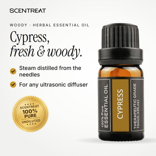 100% pure cypress essential oil, fresh, woody, balsamic, slightly smoky