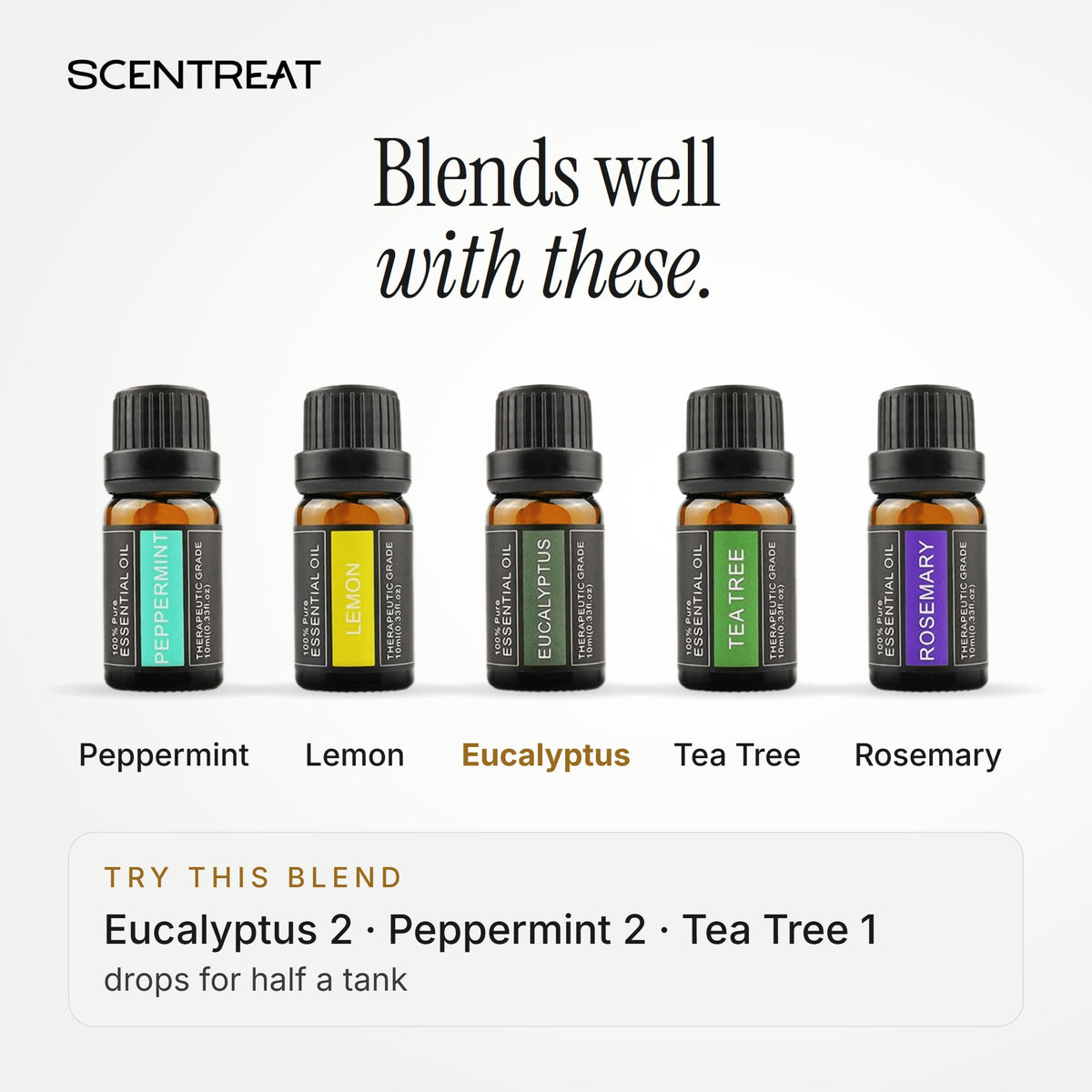Eucalyptus essential oil blends well with Peppermint, Lemon, Tea Tree
