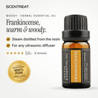 100% pure frankincense essential oil, warm, woody, balsamic, slightly spicy