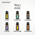 What's inside the Fresh Start Ritual kit: Lemon, Peppermint, Eucalyptus, Lavender, Sweet Orange, Sandalwood