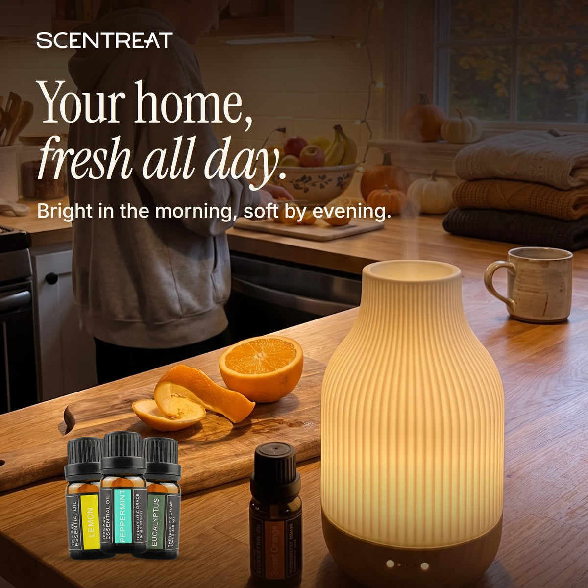 Fresh Start essential oil ritual in a bright kitchen with a diffuser