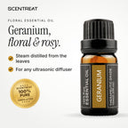 100% pure geranium essential oil, floral, rosy, fresh, slightly green