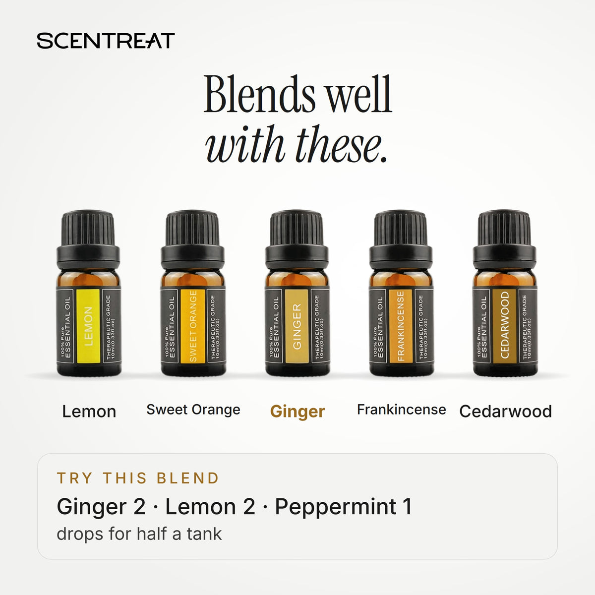 Ginger essential oil blends well with Lemon, Sweet Orange, Frankincense