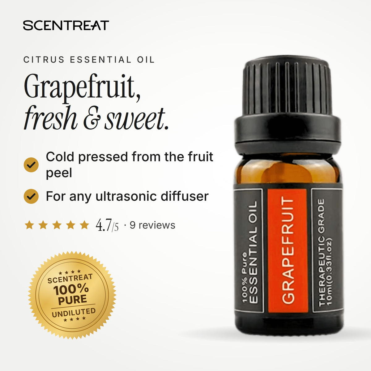 100% pure grapefruit essential oil, fresh, sweet, citrusy
