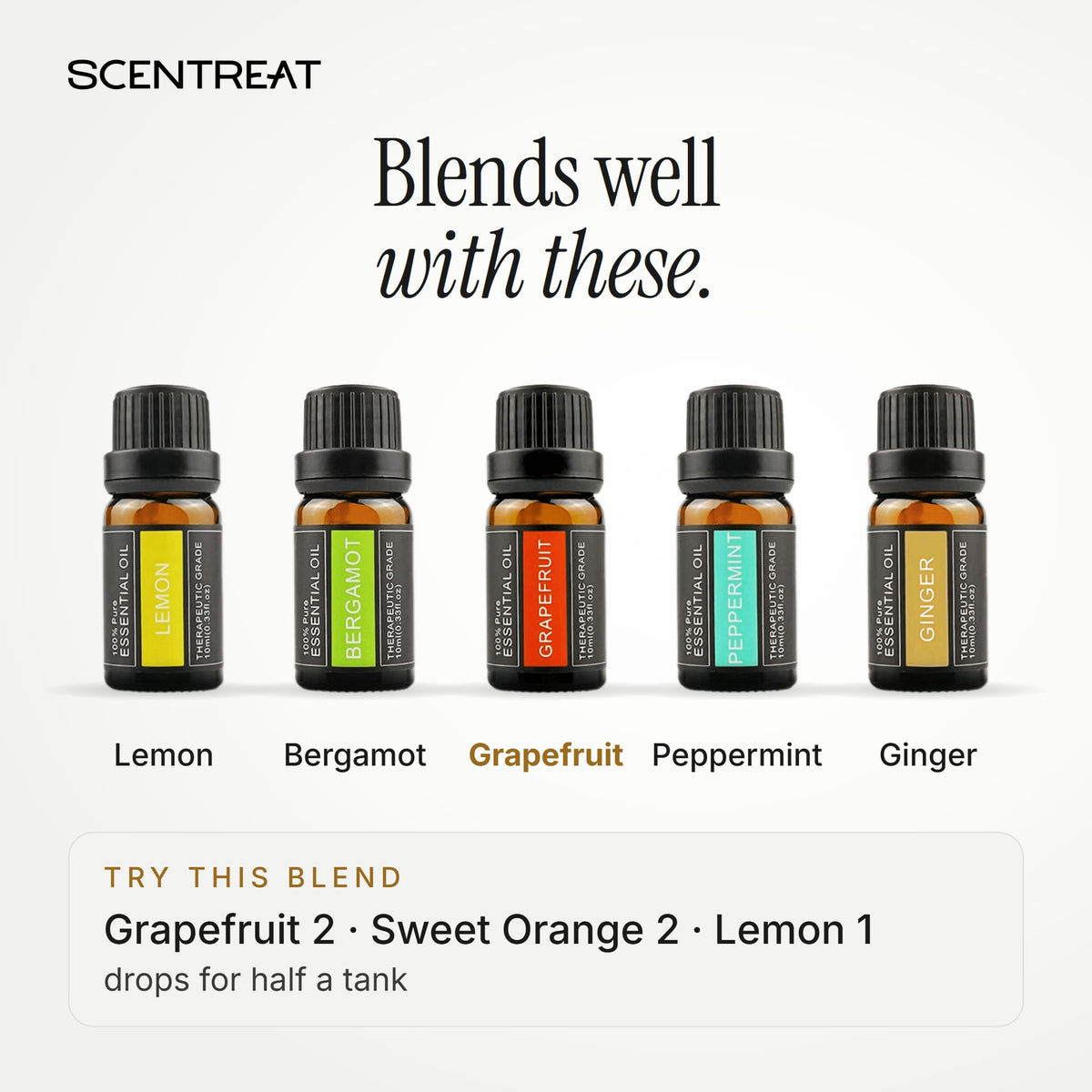 Grapefruit essential oil blends well with Lemon, Bergamot, Peppermint