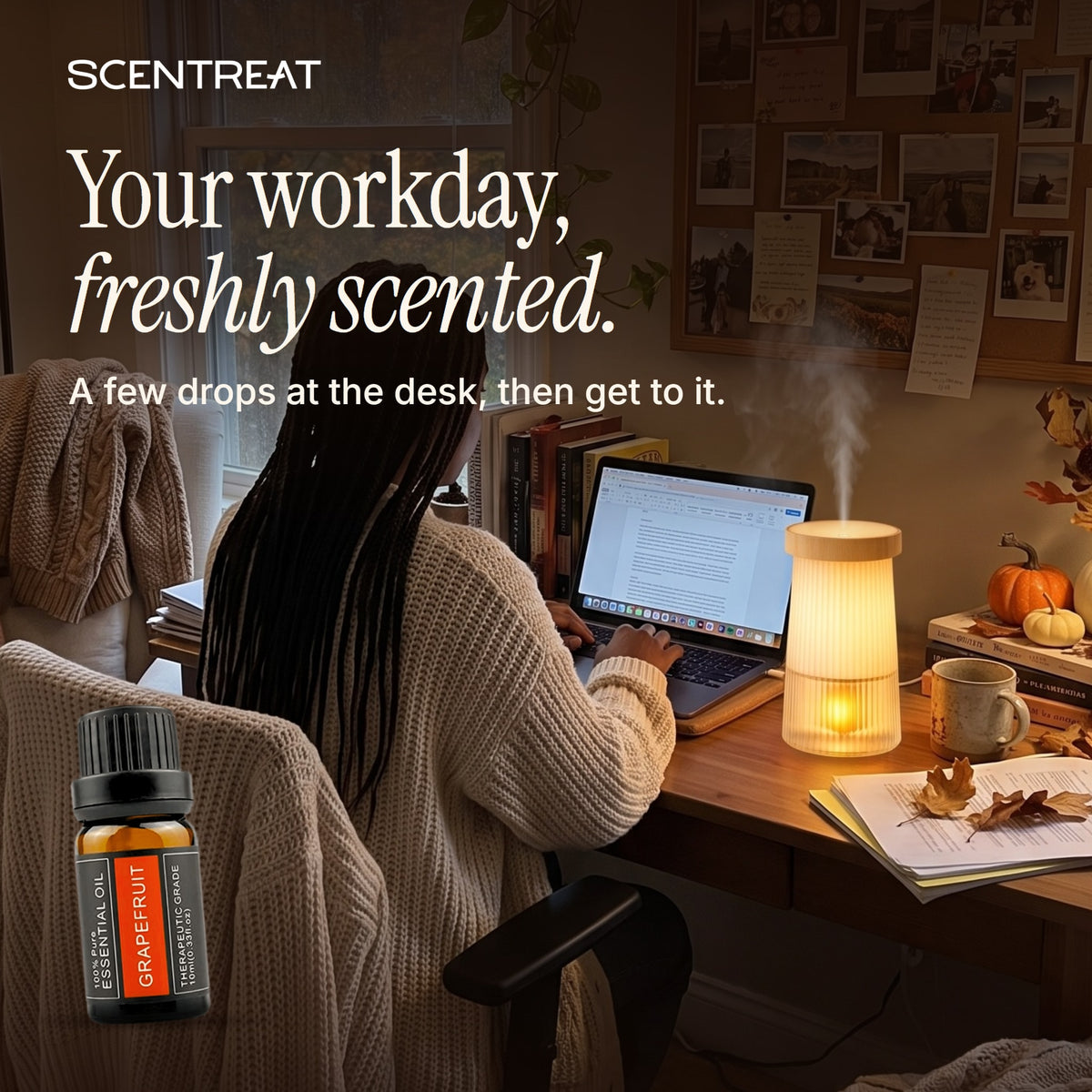 Grapefruit essential oil in a diffuser in a cozy room