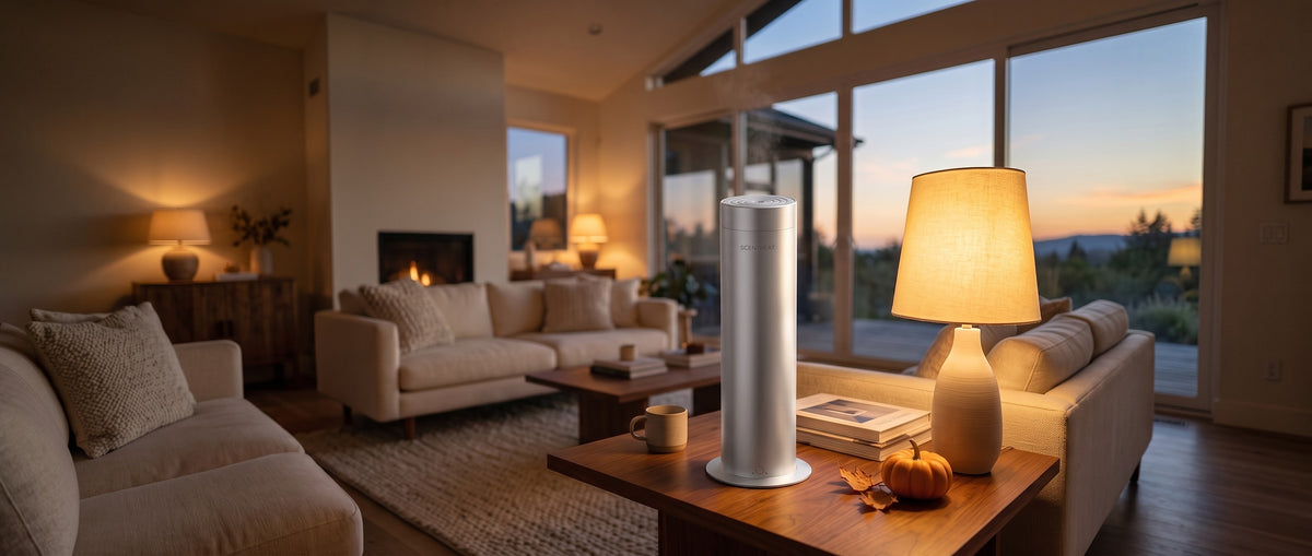 Pillar waterless cold-air diffuser in a living room at sunset