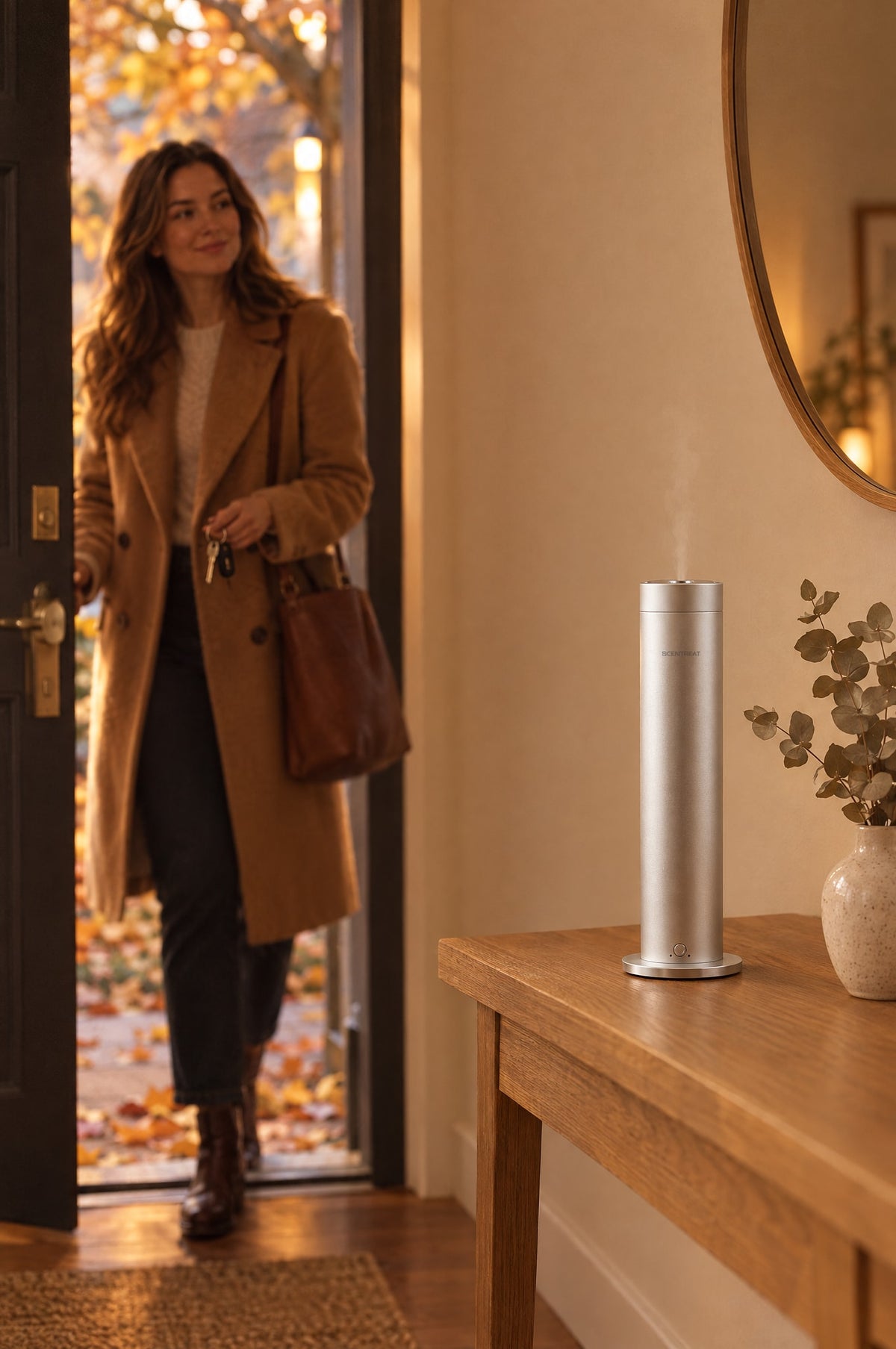 Woman coming home to a Pillar cold-air diffuser in the entryway