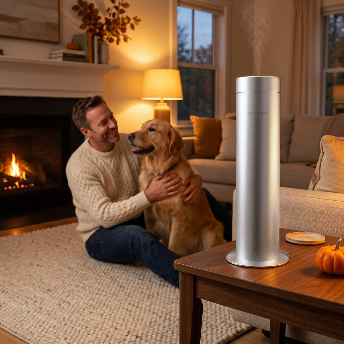 Pillar cold-air diffuser in a living room with the family dog