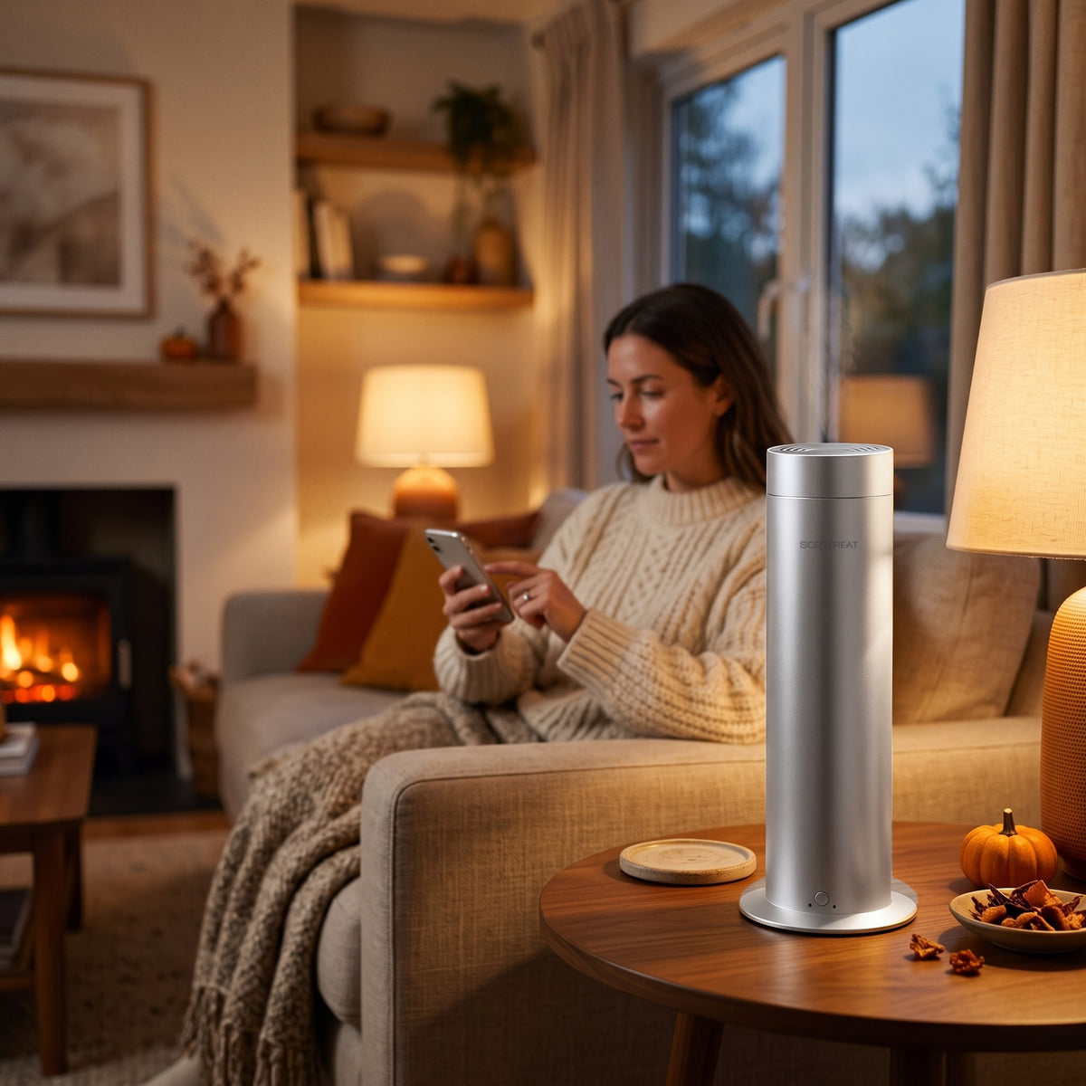 Woman on the sofa setting the Pillar waterless cold-air diffuser from her phone by the fire