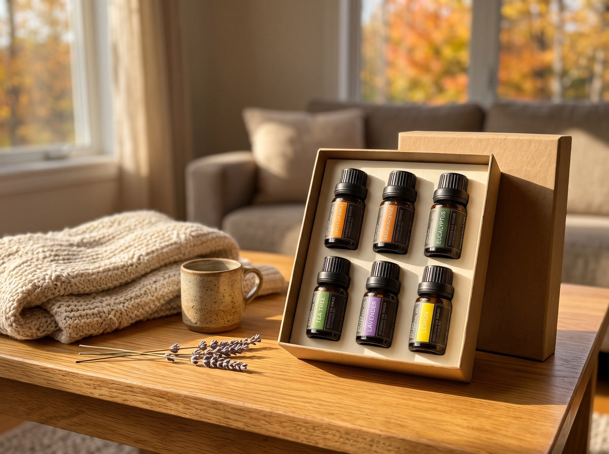 Ritual kit gift box with six pure essential oils on a wooden coffee table