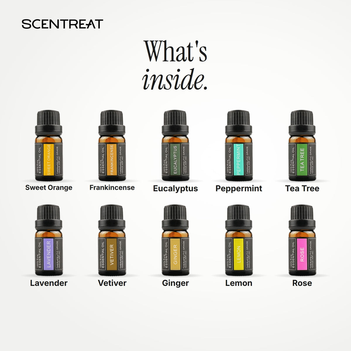 What's inside the Inner Balance Ritual kit: Sweet Orange, Frankincense, Eucalyptus, Peppermint, Tea Tree, Lavender, Vetiver, Ginger, Lemon, Rose