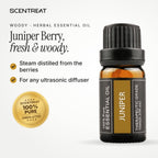 100% pure juniper berry essential oil, fresh, woody, crisp, slightly balsamic