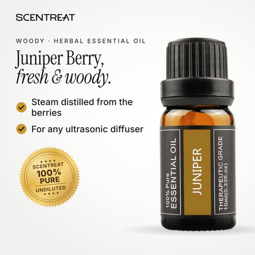 100% pure juniper berry essential oil, fresh, woody, crisp, slightly balsamic