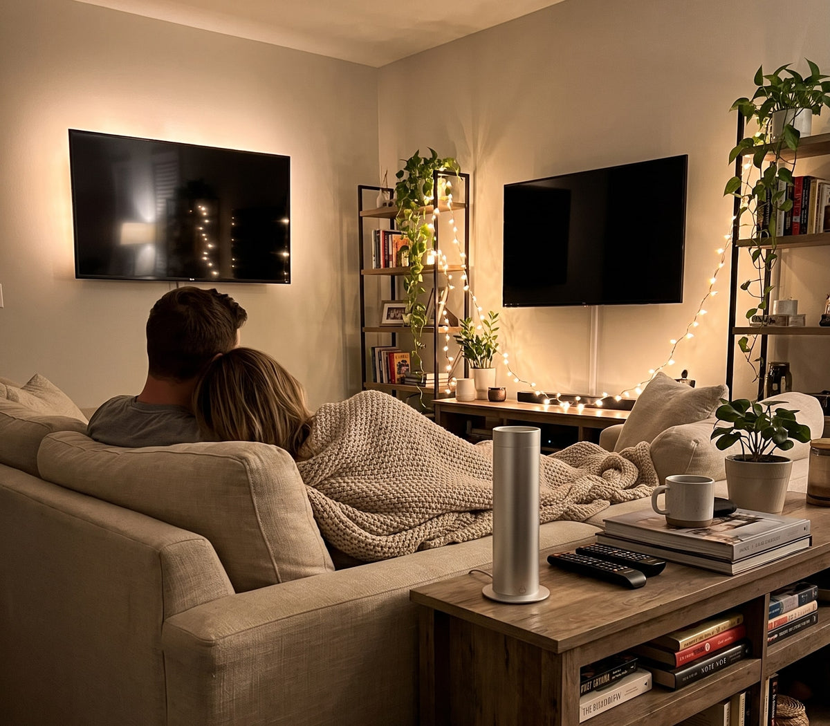 Pillar cold-air diffuser beside the sofa in a cozy living room