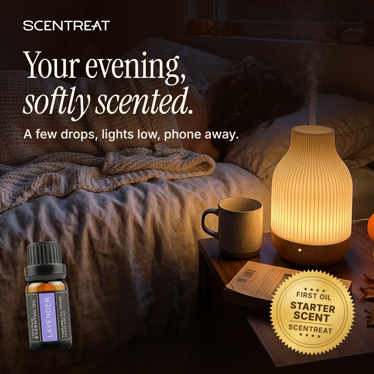 Lavender essential oil in a diffuser in a cozy room