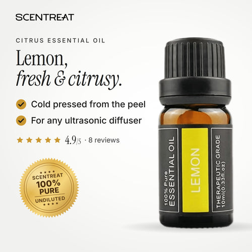 100% pure lemon essential oil, fresh, citrusy, clean