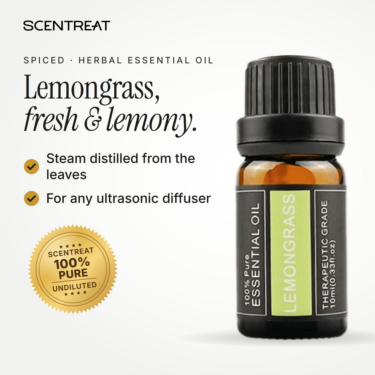 100% pure lemongrass essential oil, fresh, lemony, earthy, herbaceous