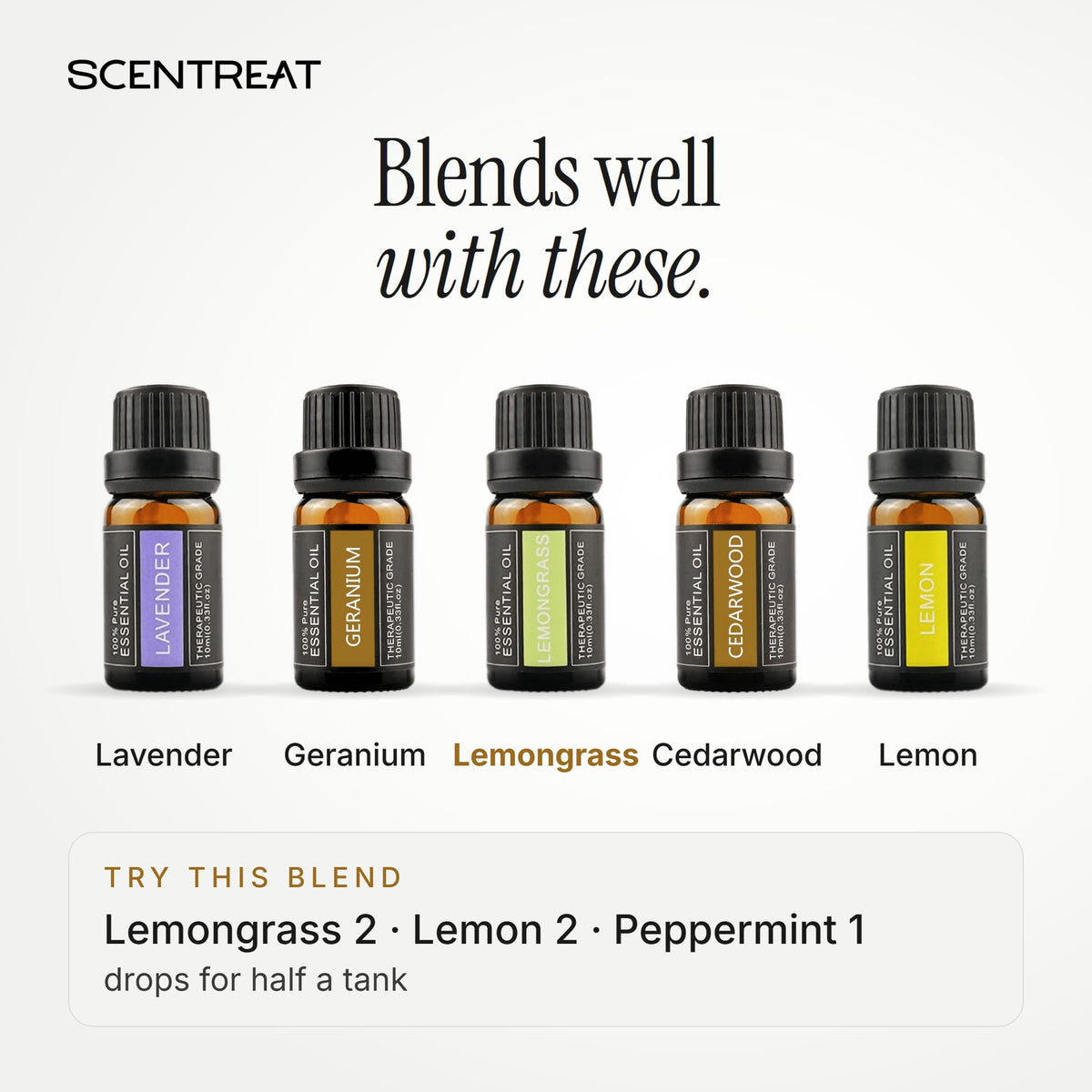 Lemongrass essential oil blends well with Lavender, Geranium, Cedarwood