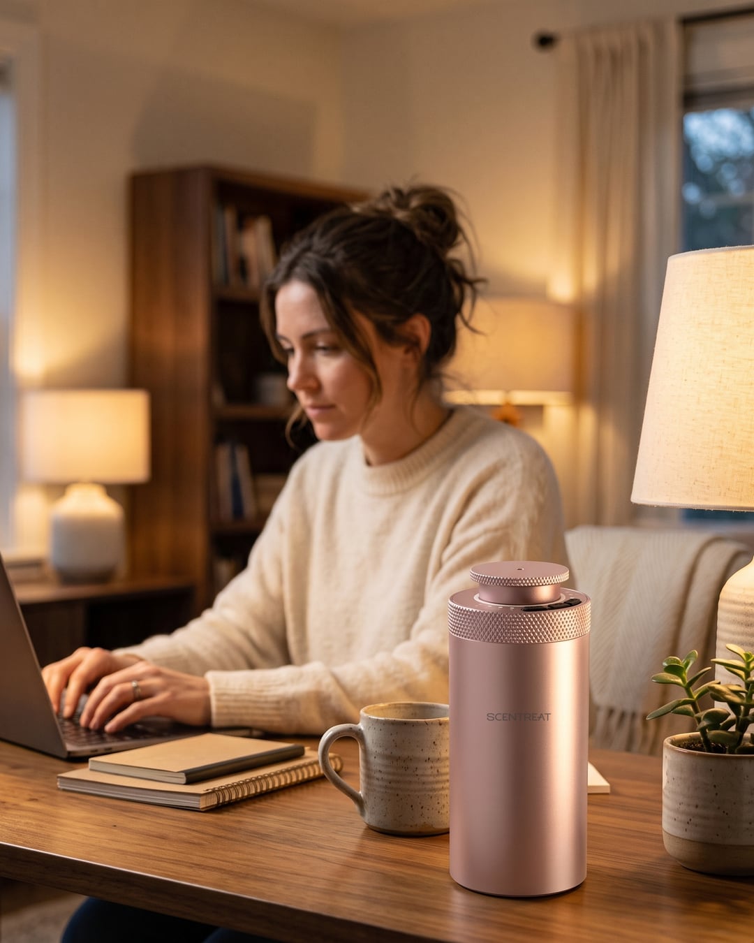 Mini diffuser on a desk beside a laptop