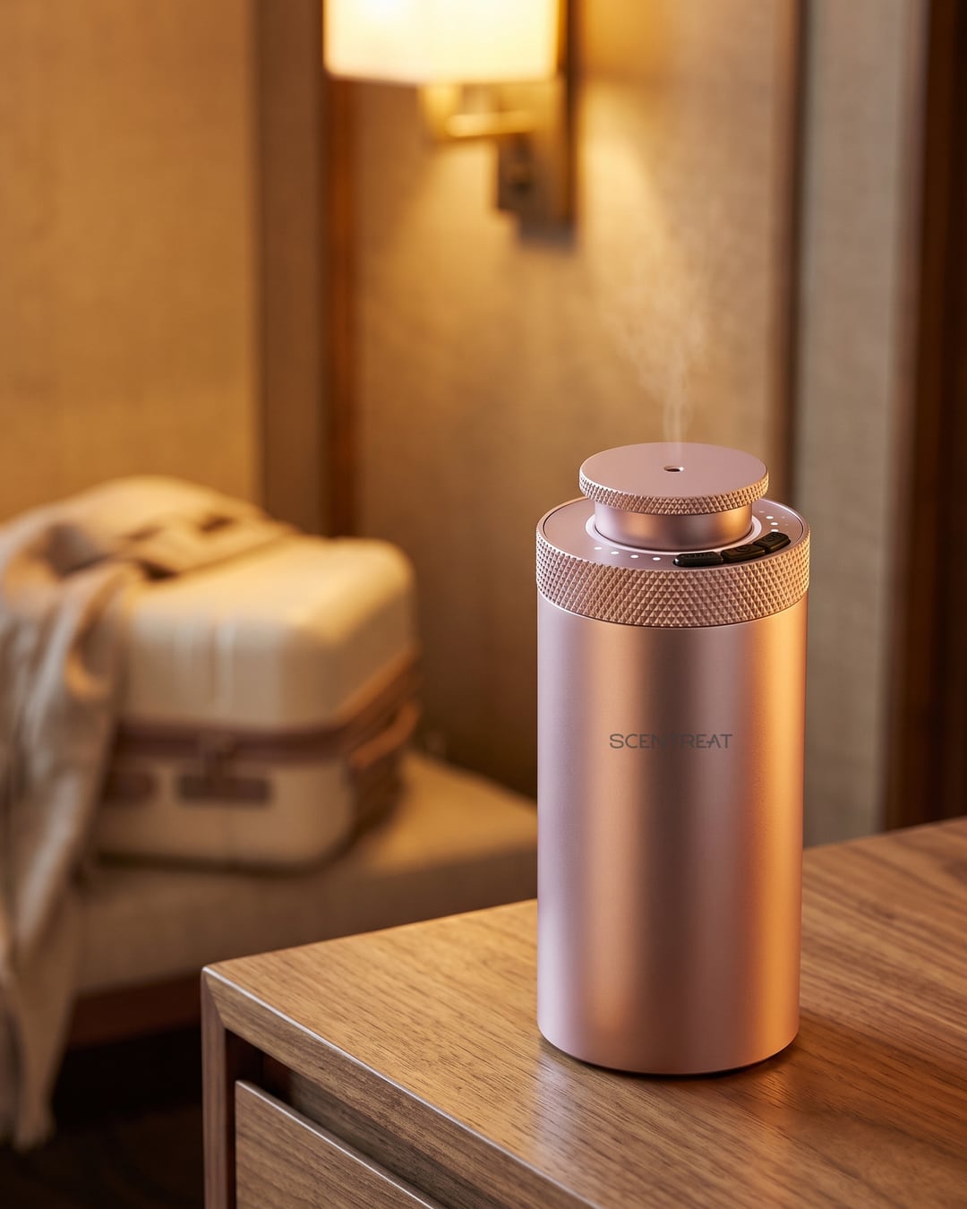 Mini diffuser on a hotel nightstand