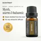 100% pure myrrh essential oil, warm, balsamic, earthy, slightly smoky