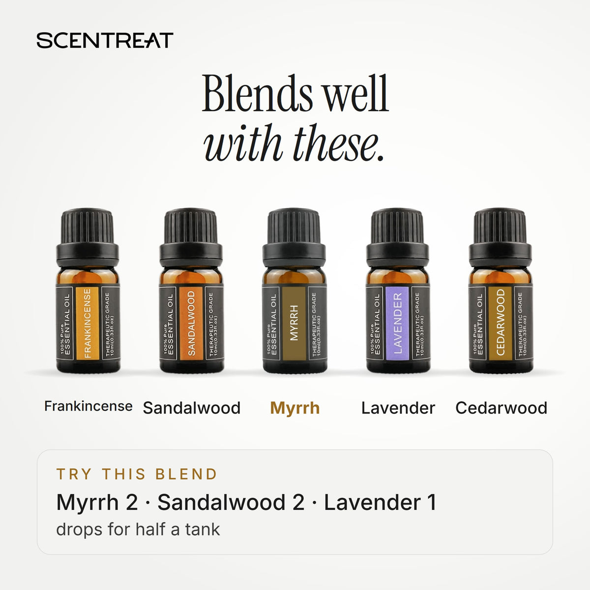 Myrrh essential oil blends well with Frankincense, Sandalwood, Lavender