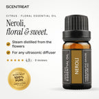 100% pure neroli essential oil, floral, sweet, green, with light citrus undertones