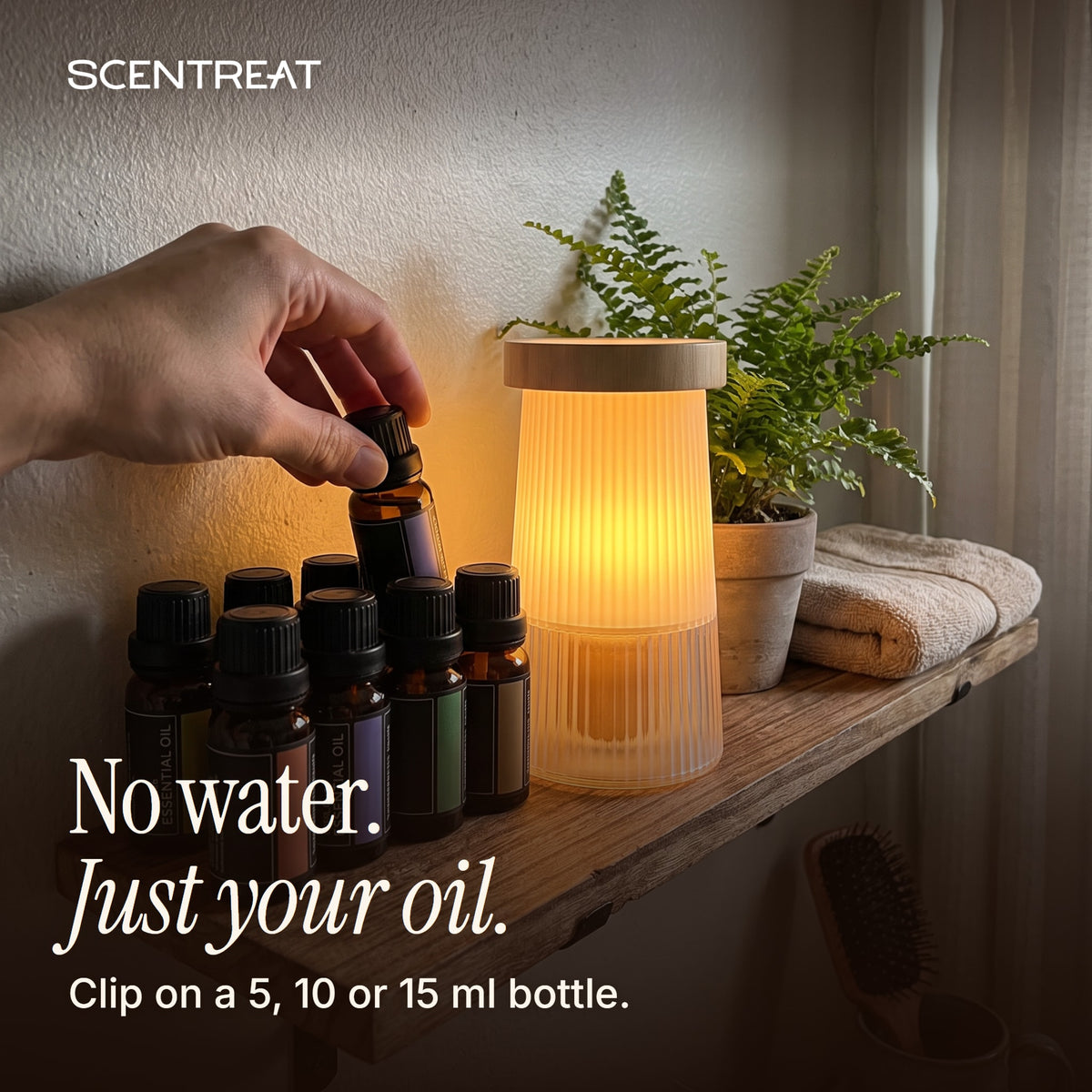 Waterless night light diffuser runs straight from a 5, 10 or 15 ml oil bottle