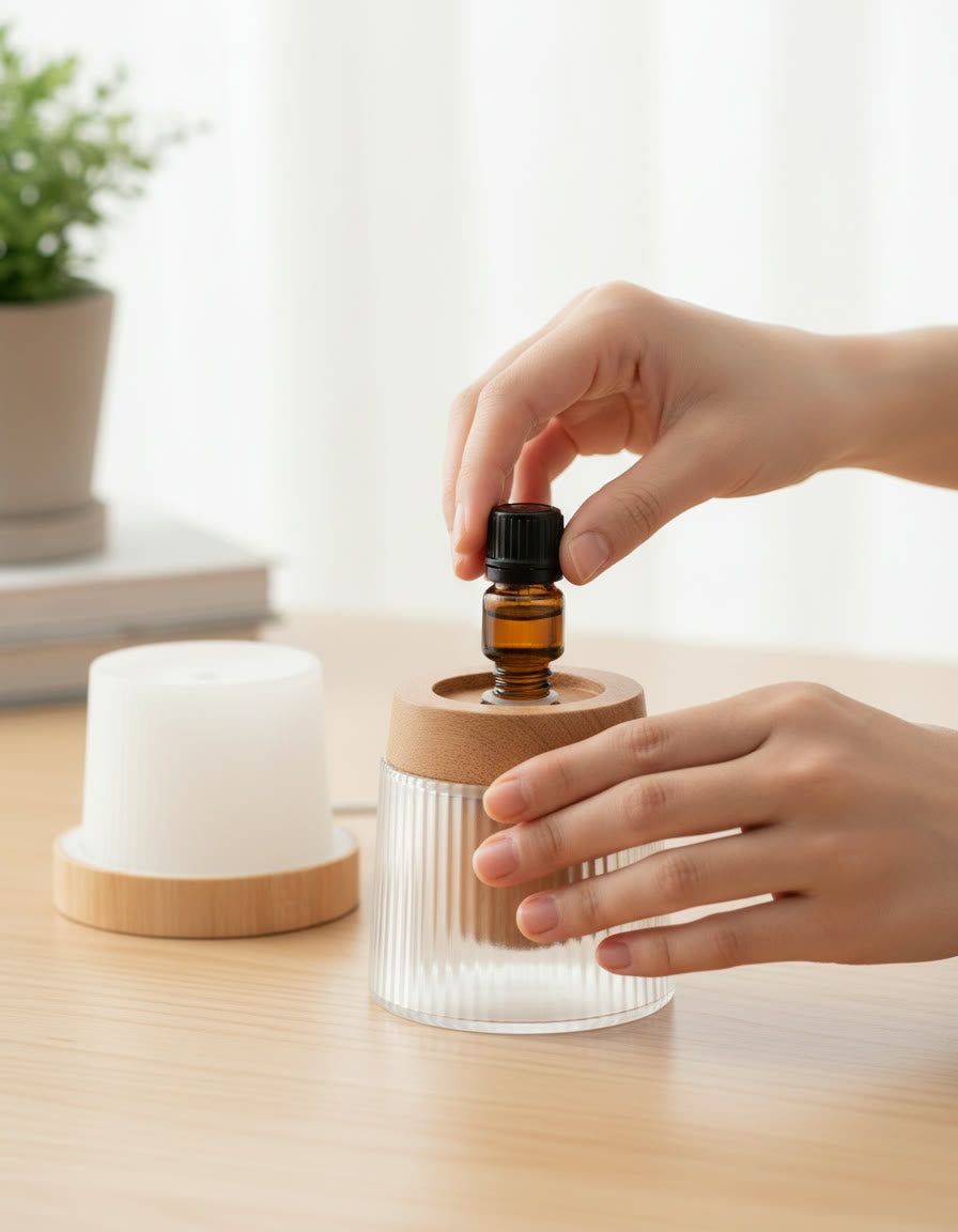 Night Light Diffuser setup: Screw a 5, 10 or 15 ml bottle of pure essential oil into the base.